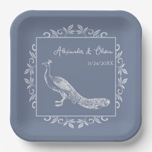 ダスティブルーピーコックフローリッシュウェディングシャワー ペーパープレート (正面)