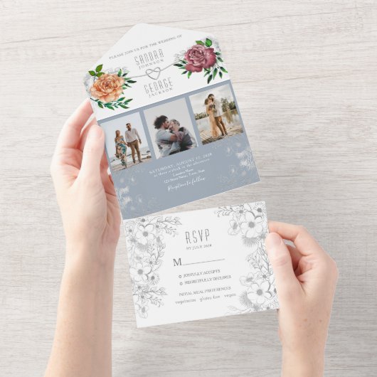 ダスティブルーピーチピンクフォト結婚式招待状 オールインワン招待状 (貼ってはがせる)