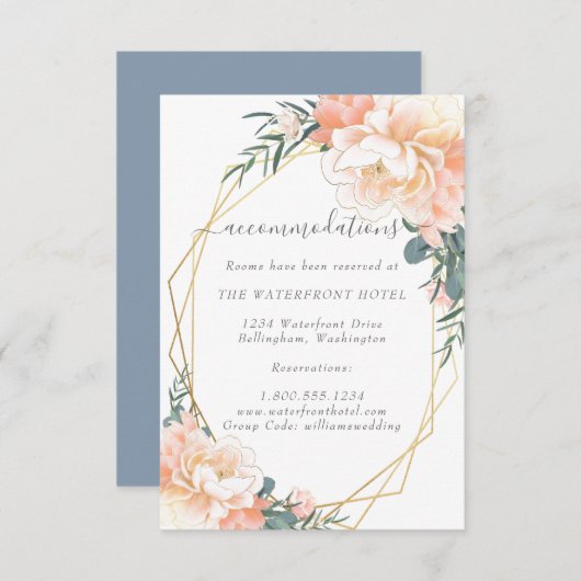 ダスティブルーピーチフローラ金ゴールド結婚ズアコモデーション エンクロージャーカード (正面/裏面)