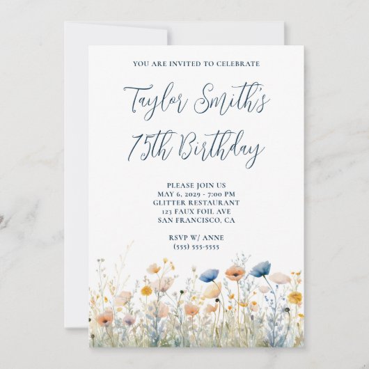 ダスティブルーピーチワイルドフラワーズ75誕生日 招待状 (正面)