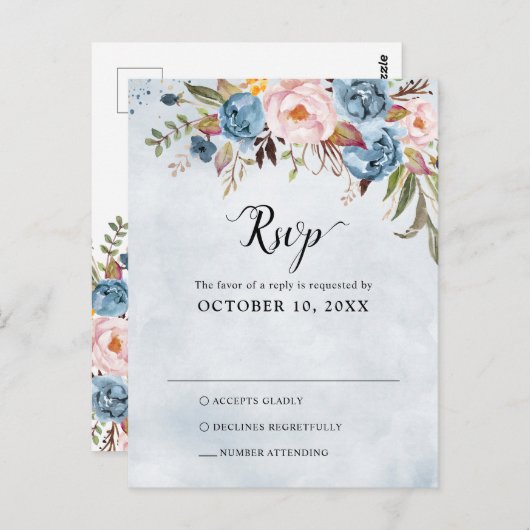 ダスティブルーピーチ赤面ボタニカルウェディングRSVP ポストカード (正面/裏面)