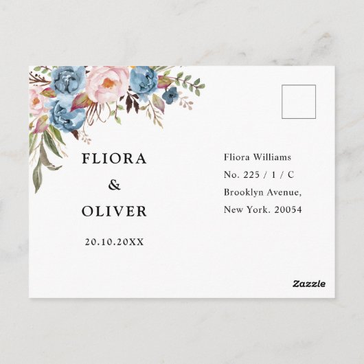 ダスティブルーピーチ赤面ボタニカルウェディングRSVP ポストカード (裏面)