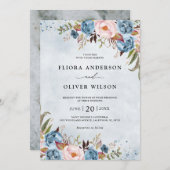 ダスティブルーピーチ赤面ボタニカルフローラ結婚ズイン 招待状 (正面/裏面)