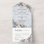 ダスティブルーピーチ赤面ボタニカルフローラ結婚ズ オールインワン招待状 (内側)