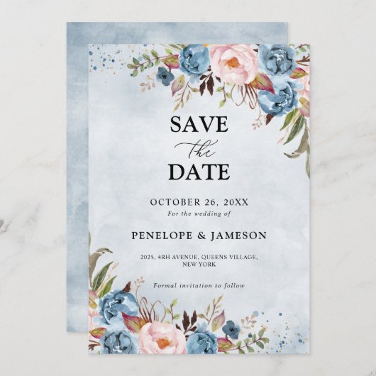ダスティブルーピーチ赤面ボタニカルフローラ結婚ズ セーブザデート (正面/裏面)