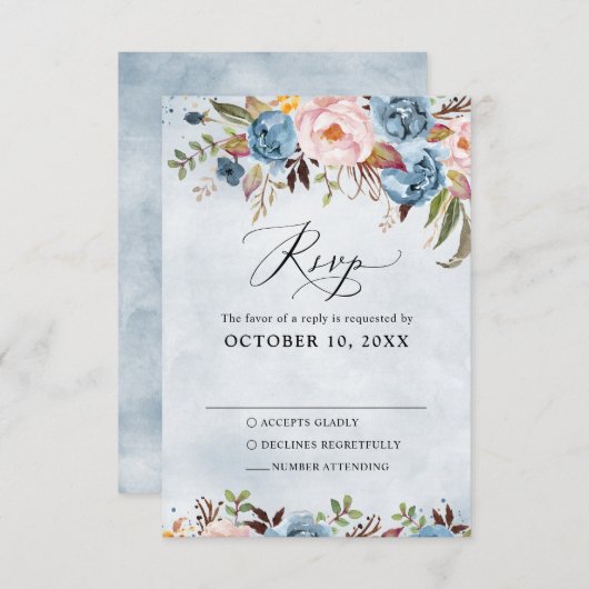 ダスティブルーピーチ赤面ボタニカルフローラ結婚ズ 出欠カード (正面/裏面)