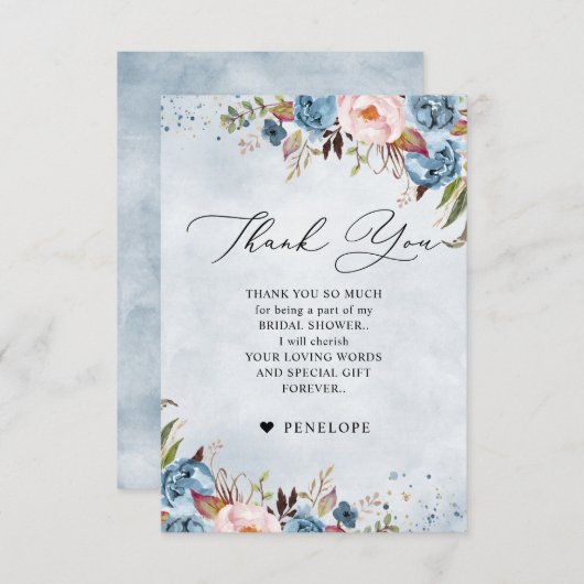 ダスティブルーピーチ赤面ボタニカルブライダルシャワー サンキューカード (正面/裏面)