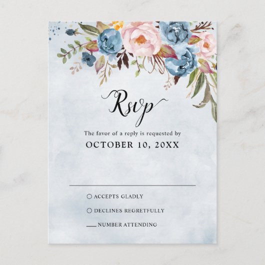 ダスティブルーピーチ赤面ボタニカルボホウェディングRSVP ポストカード (正面)