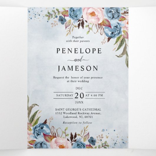 ダスティブルーピーチ赤面ボホ結婚式招待状 三つ折りプログラム (内部中)