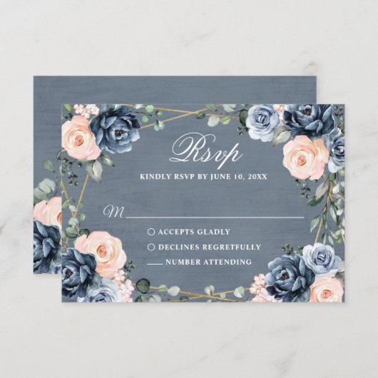 ダスティブルーピーチ赤面幾何学フローラ結婚ズ 出欠カード (正面/裏面)