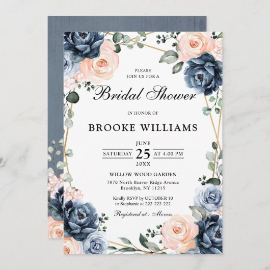 ダスティブルーピーチ赤面幾何学的ブライダルシャワーInv 招待状 (正面/裏面)