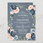 ダスティブルーピーチ赤面幾何学結婚フローライン 招待状 (正面/裏面)