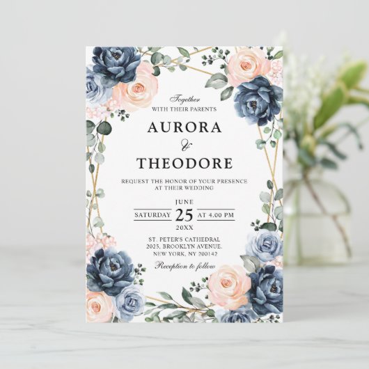 ダスティブルーピーチ赤面幾何学結婚フローライン 招待状 (スタンド正面)