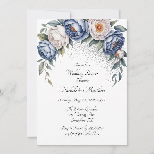 ダスティブルーピーニーバラとグリッターウェディングシャワー 招待状 (正面)