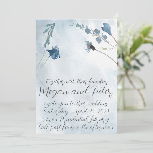 ダスティブルーファインアート書道スタイル結婚ズ 招待状 (スタンド正面)