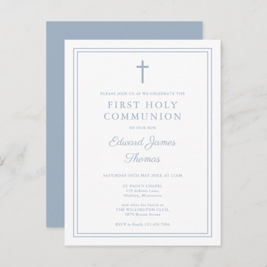 ダスティブルーファースト縁どホリー聖餐式招待状 ポストカード (正面/裏面)