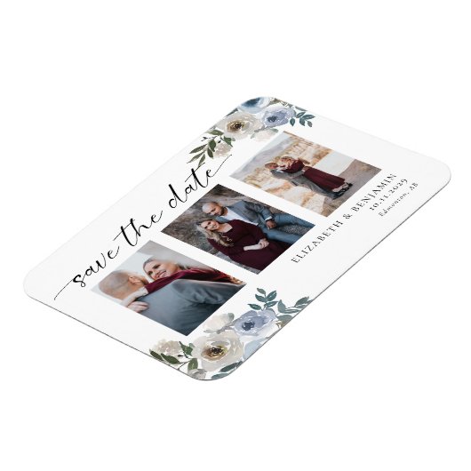 ダスティブルーフォトウェディング日付を保存エレガント マグネット (左側)