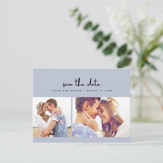 ダスティブルーフォトウェディング日付を保存 案内ポストカード (スタンド正面)