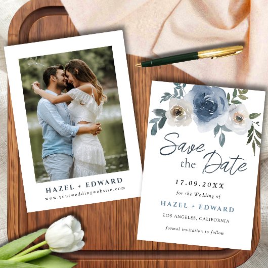 ダスティブルーフォトウェディング日付保存招待状 セーブザデート