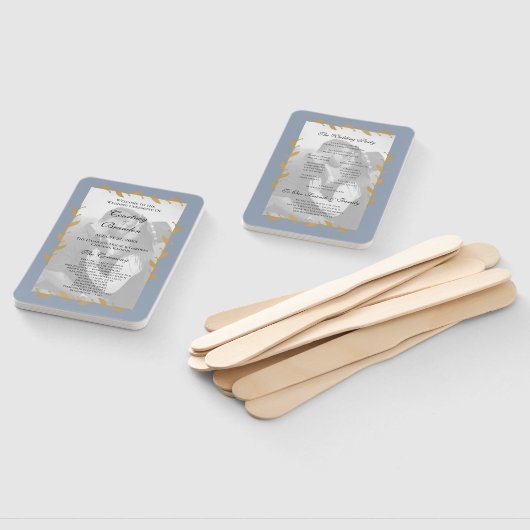 ダスティブルーフォトモダン金ゴールドリーフ結婚式 プログラム ハンドファン (組立なし)