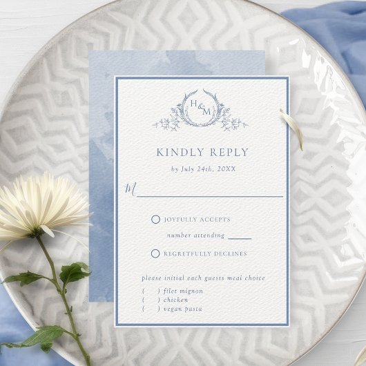 ダスティブルーフォーマルモノグラムウェディングRSVPカード