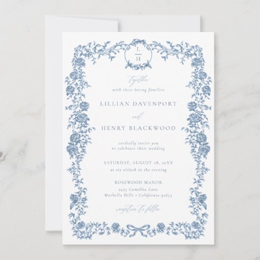 ダスティブルーフランスのトワールフローラボウフレーム結婚ズ 招待状 (正面)