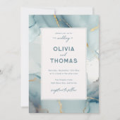 ダスティブルーフレモダンームエレガントティール(緑がかった色)ビーチ結婚式 招待状 (正面)
