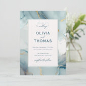ダスティブルーフレモダンームエレガントティール(緑がかった色)ビーチ結婚式 招待状 (スタンド正面)