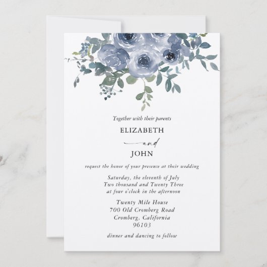 ダスティブルーフローラとブラック結婚式招待状 招待状 (正面)