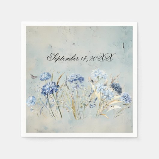 ダスティブルーフローラウォーターカラー紙ナプキンス スタンダードカクテルナプキン (正面)