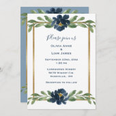 ダスティブルーフローラエレガントフローラ結婚金ゴールド 招待状 (正面/裏面)