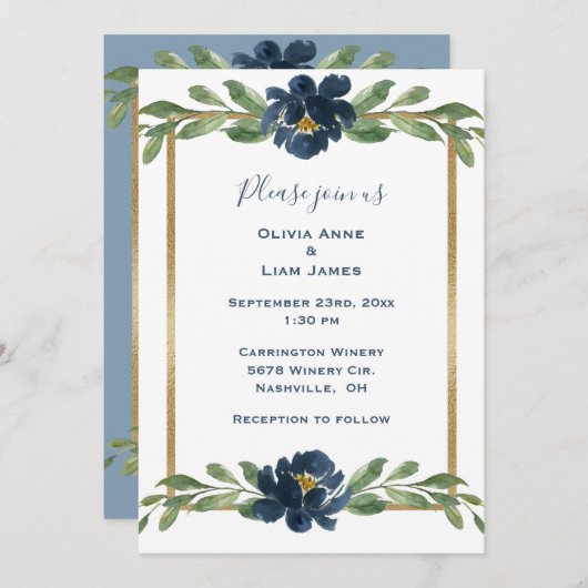 ダスティブルーフローラエレガントフローラ結婚金ゴールド 招待状 (正面/裏面)