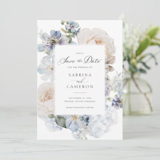 ダスティブルーフローラエレガント結婚バラ 招待状 (スタンド正面)