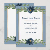 ダスティブルーフローラエレガント金ゴールド結婚ズ セーブザデート (正面/裏面)