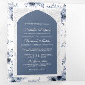 ダスティブルーフローラオールインワンレースインディアン 三つ折り招待状 (内部最初)