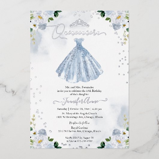 ダスティブルーフローラキンセアニェラ 箔招待状 (正面)