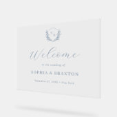 ダスティブルーフローラクレストモノグラム結婚の歓迎 アクリルサイン (傾斜)
