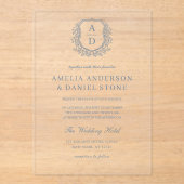 ダスティブルーフローラクレストモノグラム結婚ズエレガント アクリル招待状 (正面)