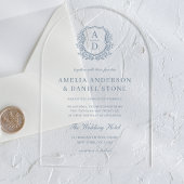 ダスティブルーフローラクレストモノグラム結婚ズエレガント アクリル招待状