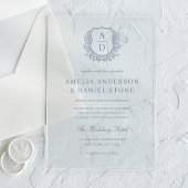 ダスティブルーフローラクレストモノグラム結婚ズエレガント アクリル招待状