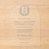 ダスティブルーフローラクレストモノグラム結婚ズエレガント アクリル招待状 (正面)