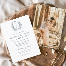 ダスティブルーフローラクレストモノグラム結婚ズエレガント 招待状