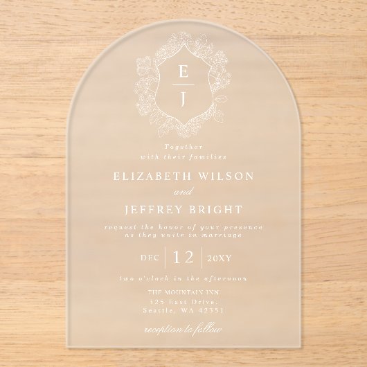 ダスティブルーフローラクレストモノグラム結婚ズ アクリル招待状 (正面)