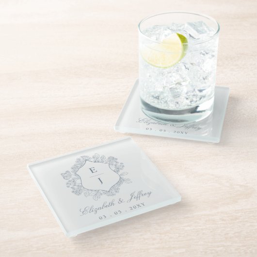 ダスティブルーフローラクレストモノグラム結婚ズ ガラスコースター (アングル)