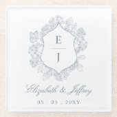 ダスティブルーフローラクレストモノグラム結婚ズ ガラスコースター (正面)