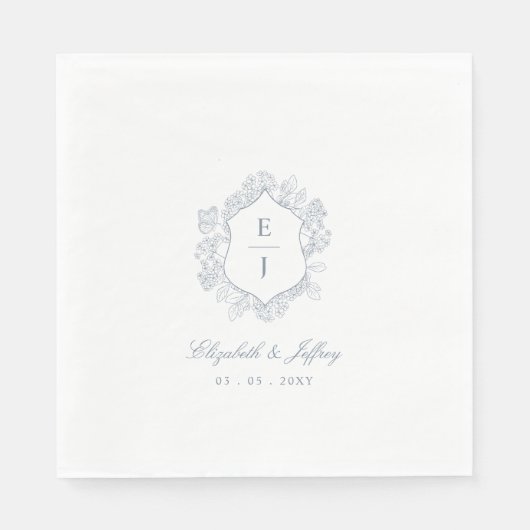 ダスティブルーフローラクレストモノグラム結婚ズ スタンダードランチョンナプキン (正面)