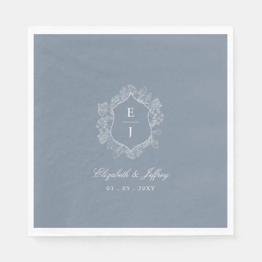 ダスティブルーフローラクレストモノグラム結婚ズ スタンダードランチョンナプキン (正面)