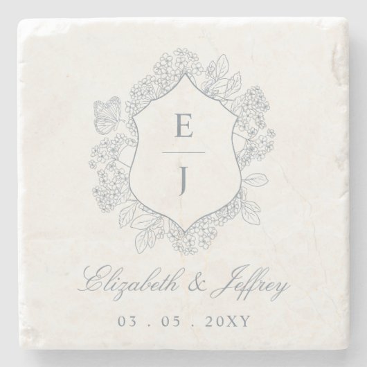 ダスティブルーフローラクレストモノグラム結婚ズ ストーンコースター (正面)
