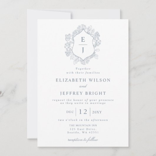 ダスティブルーフローラクレストモノグラム結婚ズ 招待状 (正面)