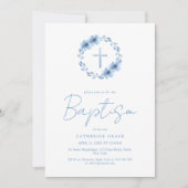 ダスティブルーフローラクロスミニマリストバプテスマ 招待状 (正面)